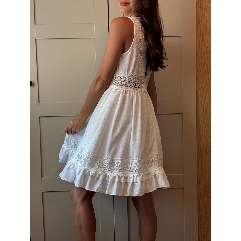 SHEIN White Swiss Dot Crochet Lace Boho Cottage Twee Ruffle Dress Size Medium 6